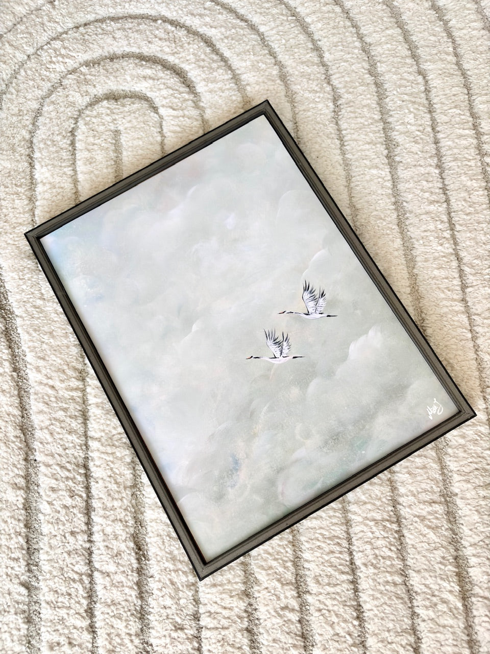 Vertical Flying cranes in green skies Print