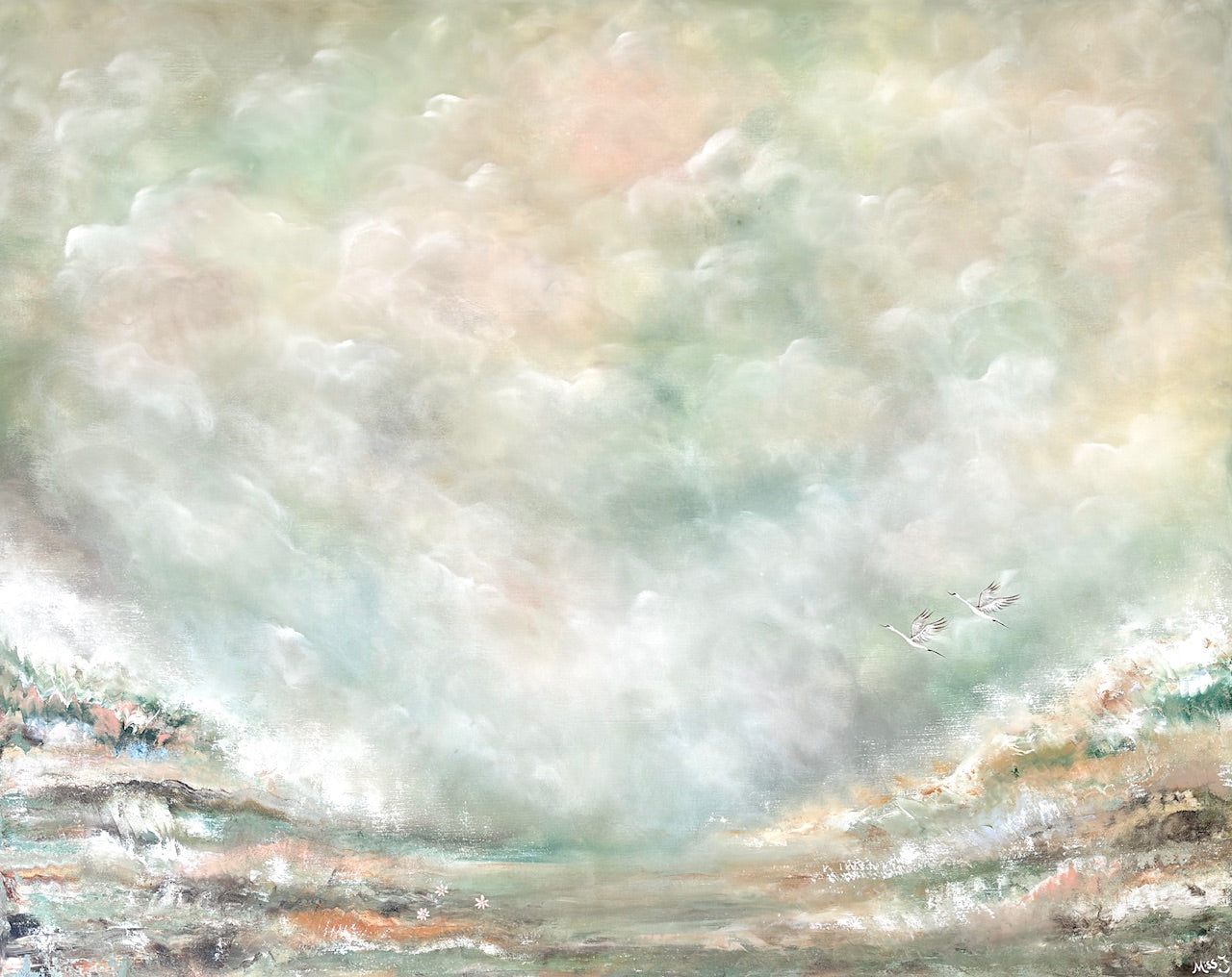 Flying swans scenery Original Painting