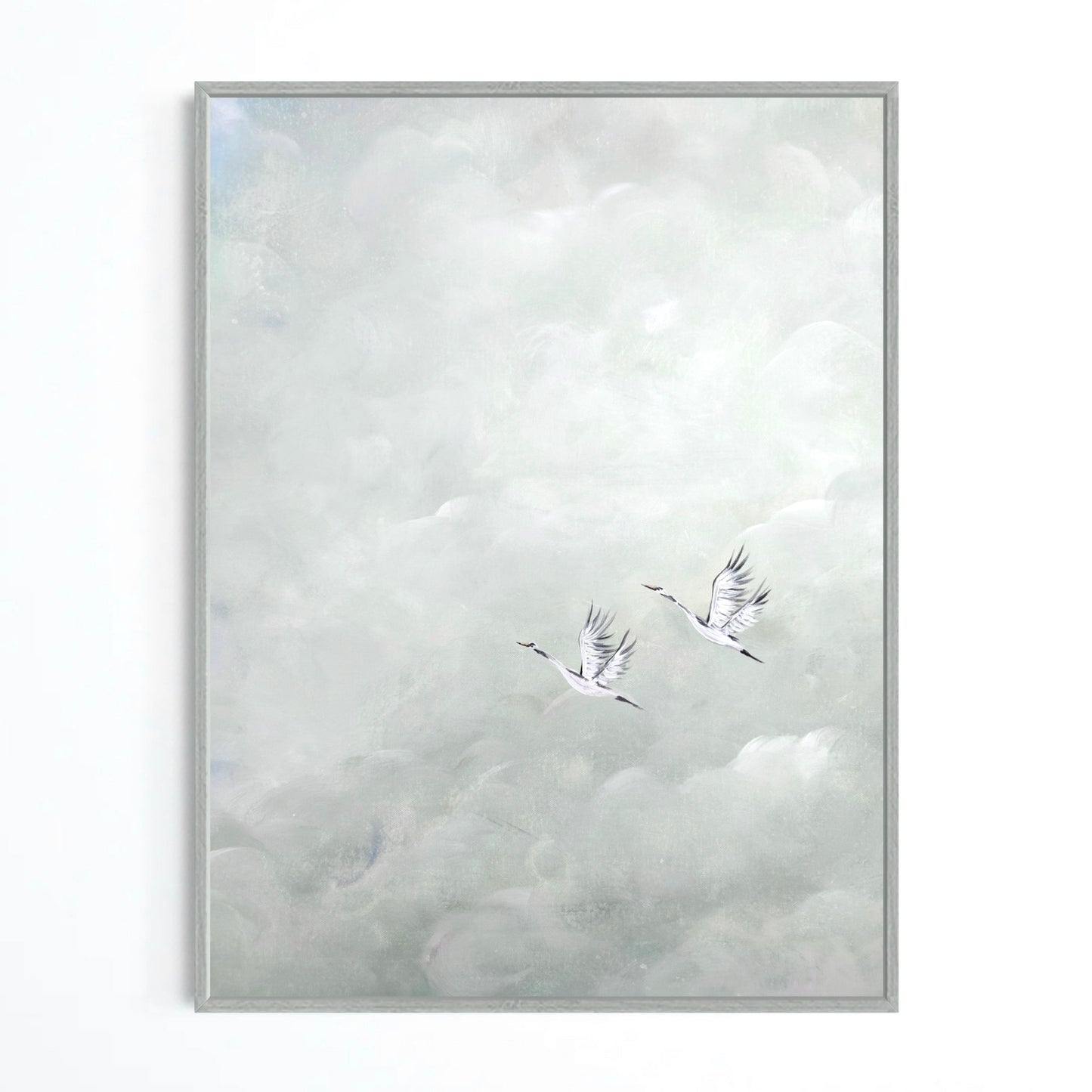 Vertical Flying cranes in green skies Print